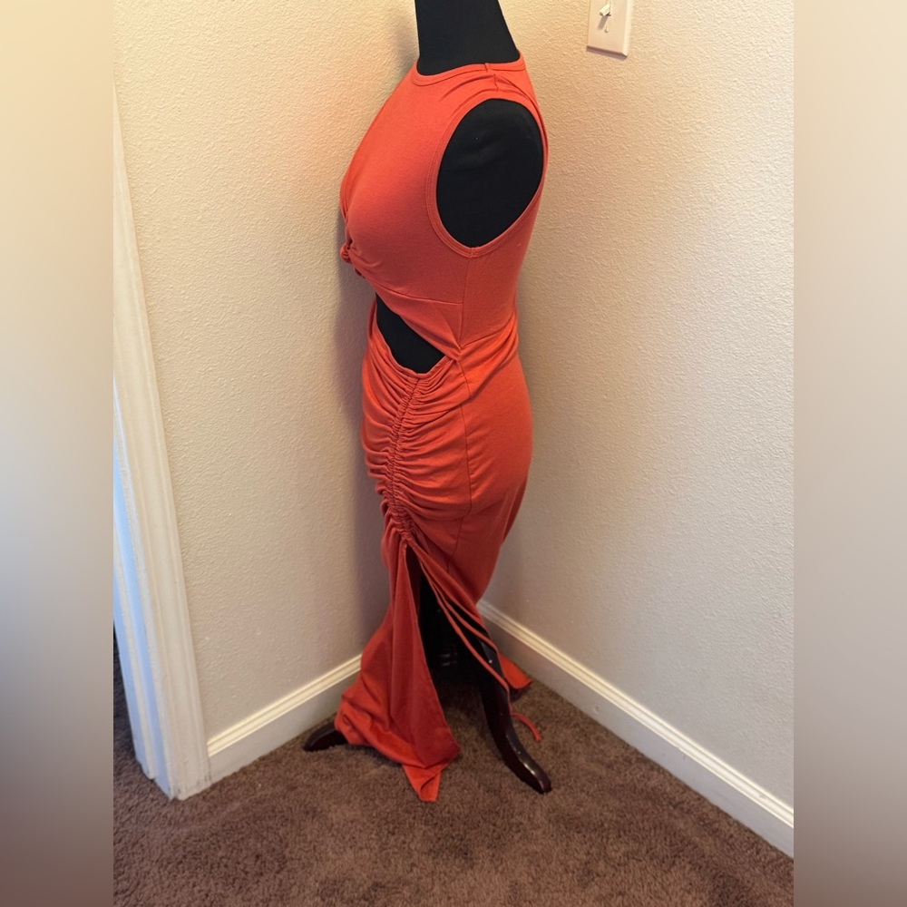 2 FOR $25 Orange Cut Out Knot Front Ruched Midi Dress Stretchy Size S M - Picture 3 of 8